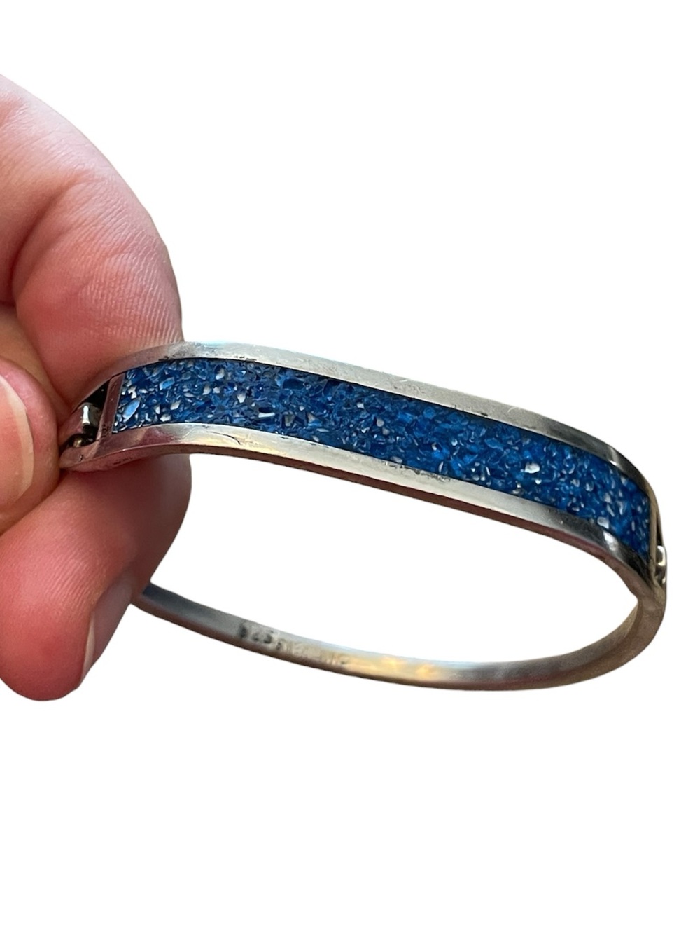 Vintage Mexican 925 Sterling Silver Blue Lapis Lazuli Hinged Bangle Bracelet